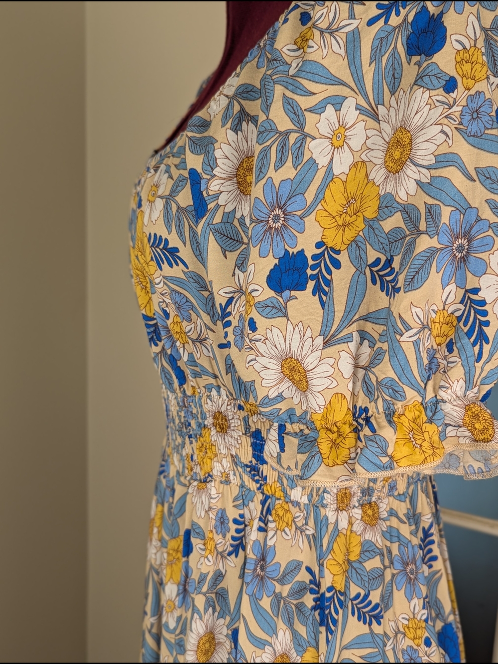 Blue and Yellow Floral Midi Dress with Puff Sleeves - Picture 4 of 5